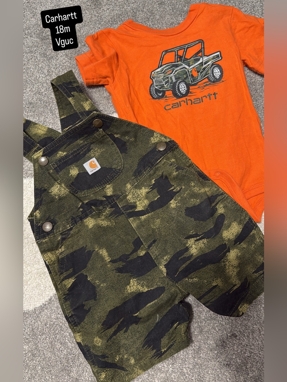 Carhartt Green Camo Overalls with Orange Bodysuit